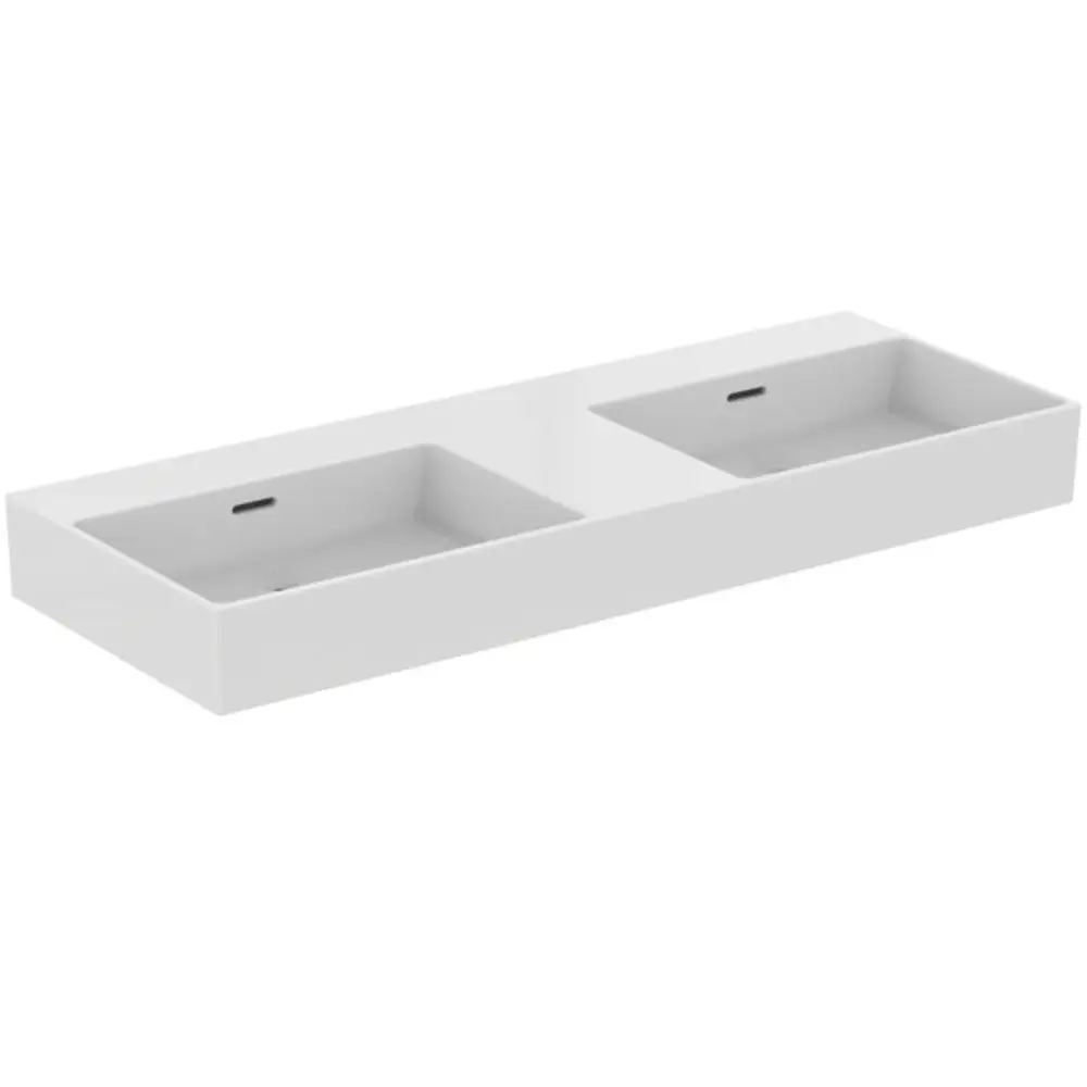Doppelwaschtisch von Ideal Standard in Weiß mit zwei Rechteckbecken und Abflussöffnungen, schlichte, gerade Form ohne sichtbare Halterungen.